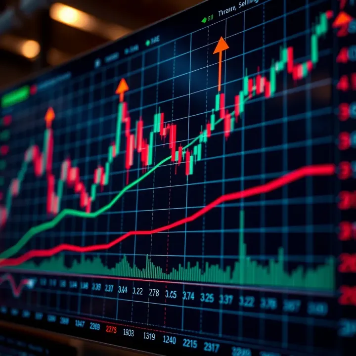Market Analysis and Trend Identification Graph showing fluctuating stock prices with highlighted points indicating buying and selling moments