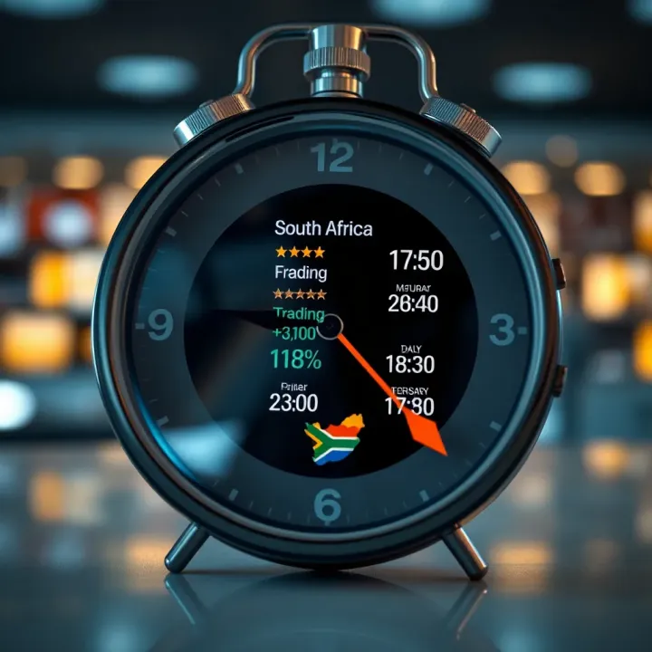 Clock displaying South African time alongside major forex market opening times for optimal trading periods