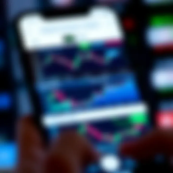 Smartphone displaying various financial charts and trading graphs on screen
