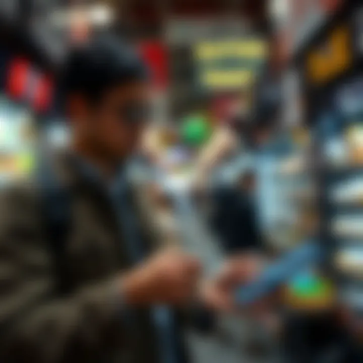 Close-up of a trader using a smartphone app to manage sales and inventory in a lively city trading environment