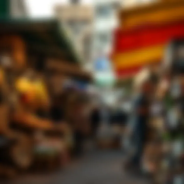 Bustling urban marketplace with diverse stalls showcasing locally made products under colorful awnings