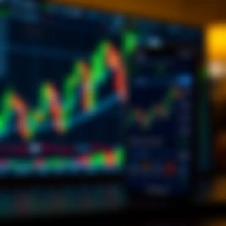 Graph showing financial data and smartphone screen with trading app interface