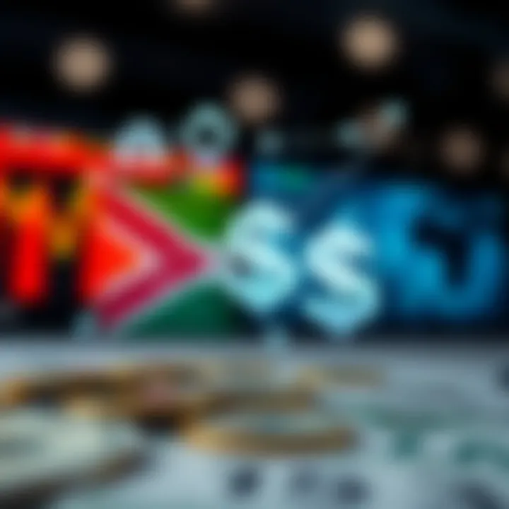 Illustration depicting economic factors influencing currency exchange including market data and geopolitical symbols