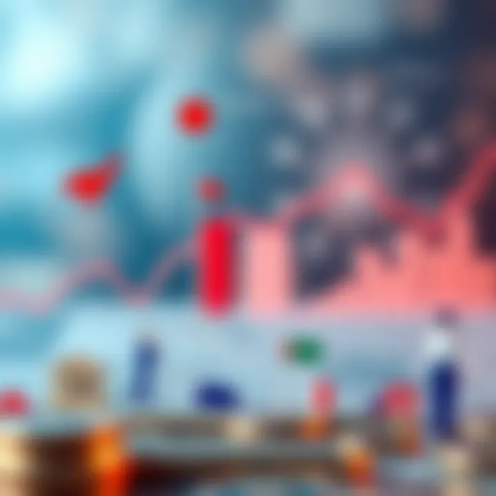 Illustration of economic and political factors influencing currency exchange with icons representing markets, government, and global trade