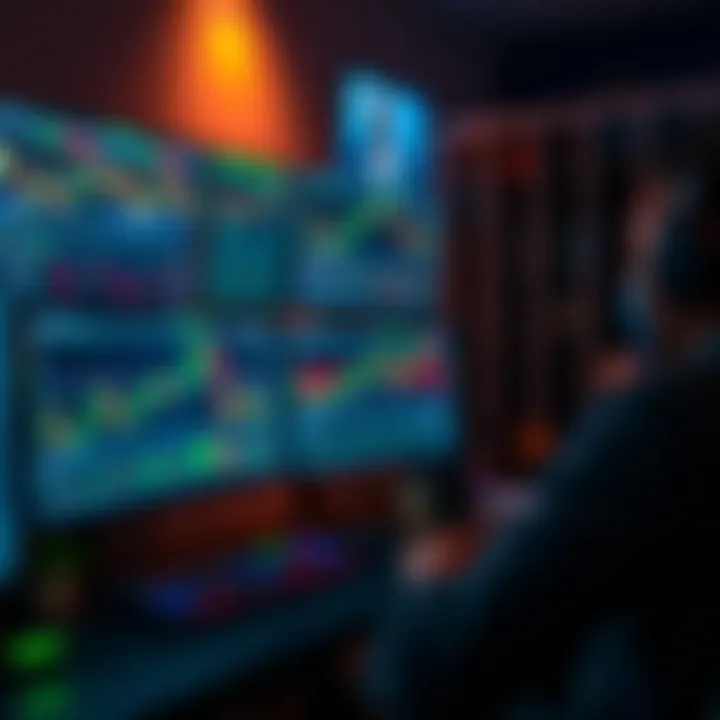 Desk setup with multiple monitors displaying forex charts and trading strategies