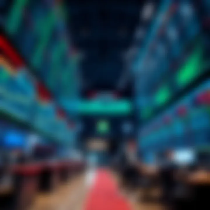 Modern stock market trading floor with digital screens showing financial data and graphs