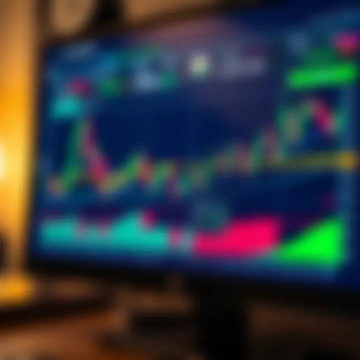 Close up of forex charts and candlestick patterns on a digital screen