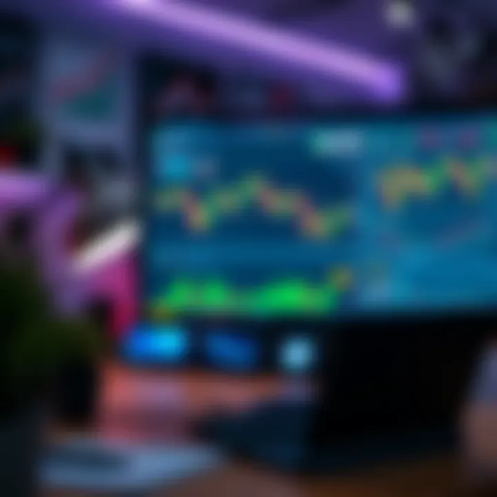 Creative workspace setup with computer showing trading charts and notes