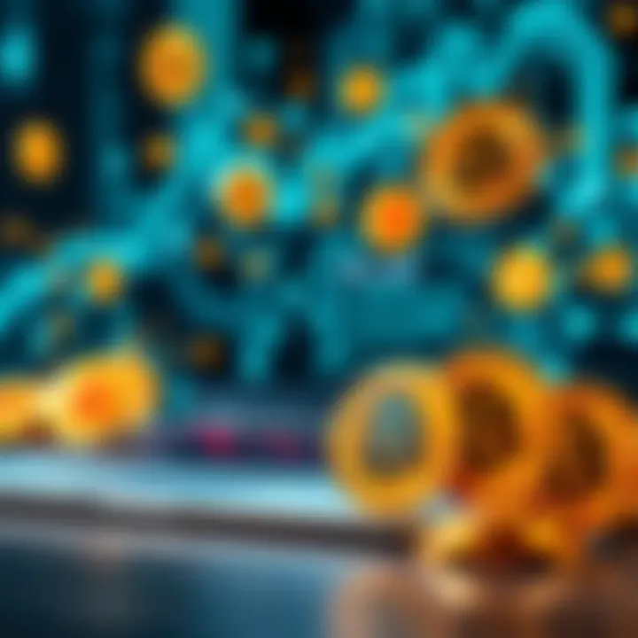 Digital representation of cryptocurrency symbols surrounding a laptop showcasing blockchain technology