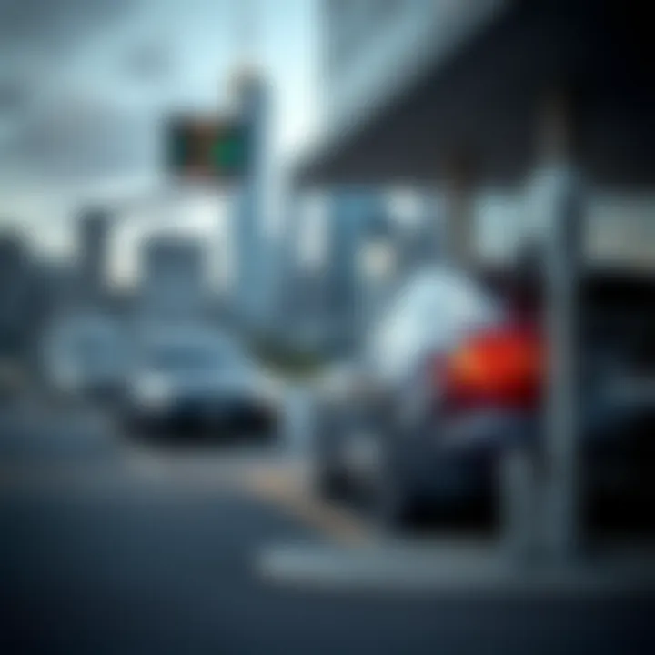 Tesla electric vehicle charging at a modern station with city skyline in the background