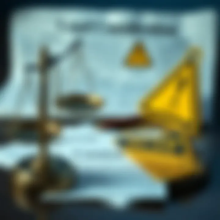 Graphic showing legal scales, documents, and caution symbols representing contest regulations and scam awareness