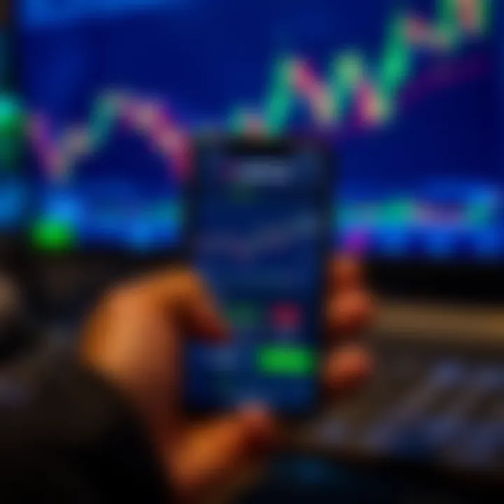 Mobile device displaying Libertex app with active trading graphs and navigation menu