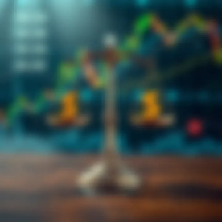 Conceptual illustration of risk management with balancing scales, currency symbols, and digital technology icons