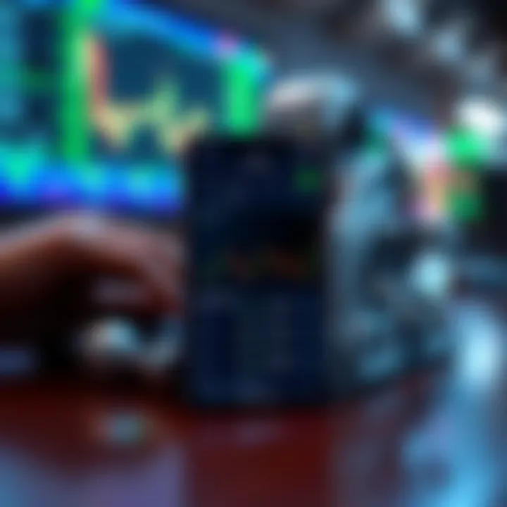 Conceptual illustration of robot trading app interface on a mobile device