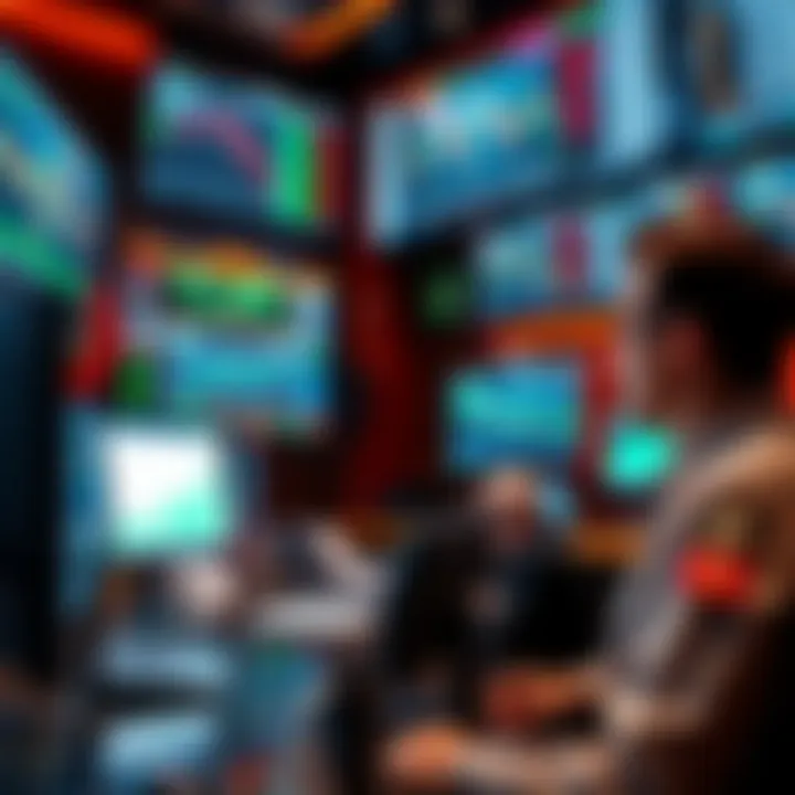 Luxurious office featuring multiple trading screens displaying stock charts and financial data