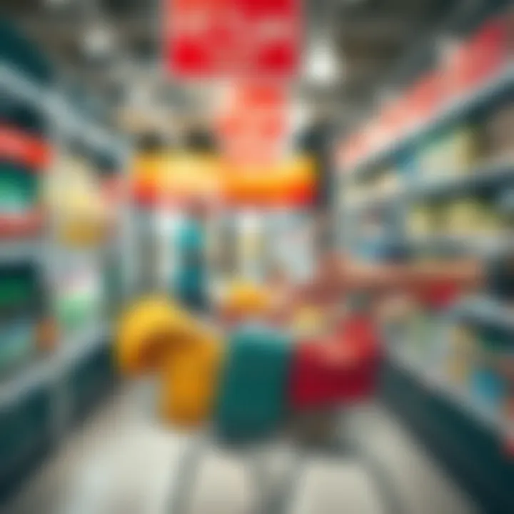 Shopping cart filled with products and a voucher being redeemed at a checkout counter in a retail store