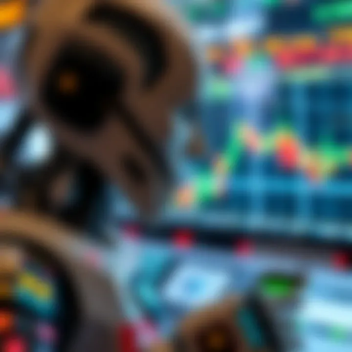 Visual representation of financial market trends with robotic systems influencing trading decisions