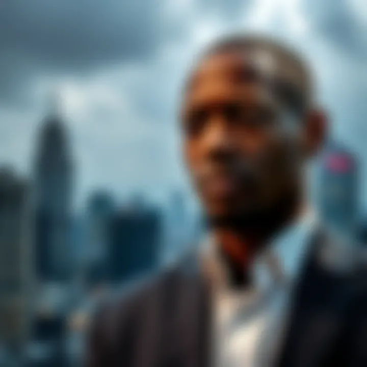 Portrait of Sandile Shezi with a city skyline in the background symbolizing business success