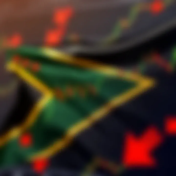 South African flag with financial charts and arrows symbolizing investment decisions and trading strategies