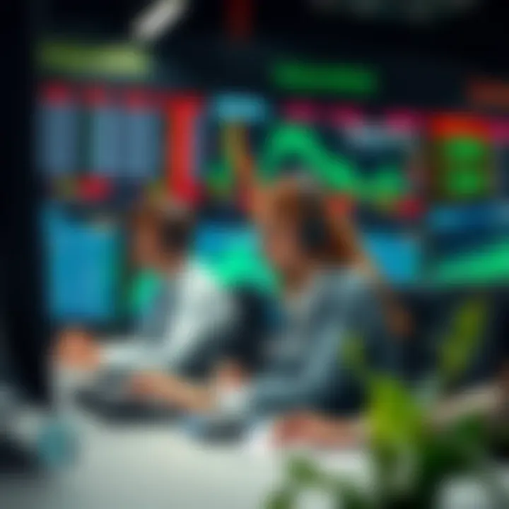 Customer support team providing assistance through call center with financial market screens in the background