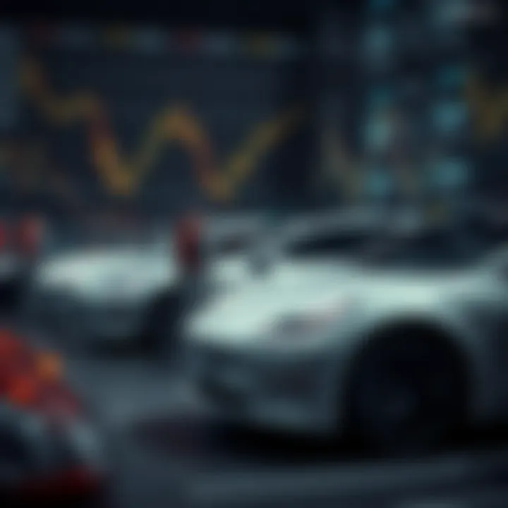 Tesla electric vehicles charging with a backdrop of financial charts