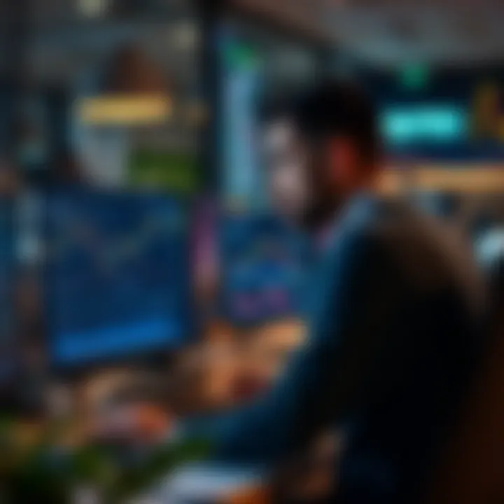 Illustration of a trader analyzing financial data and market trends on computer