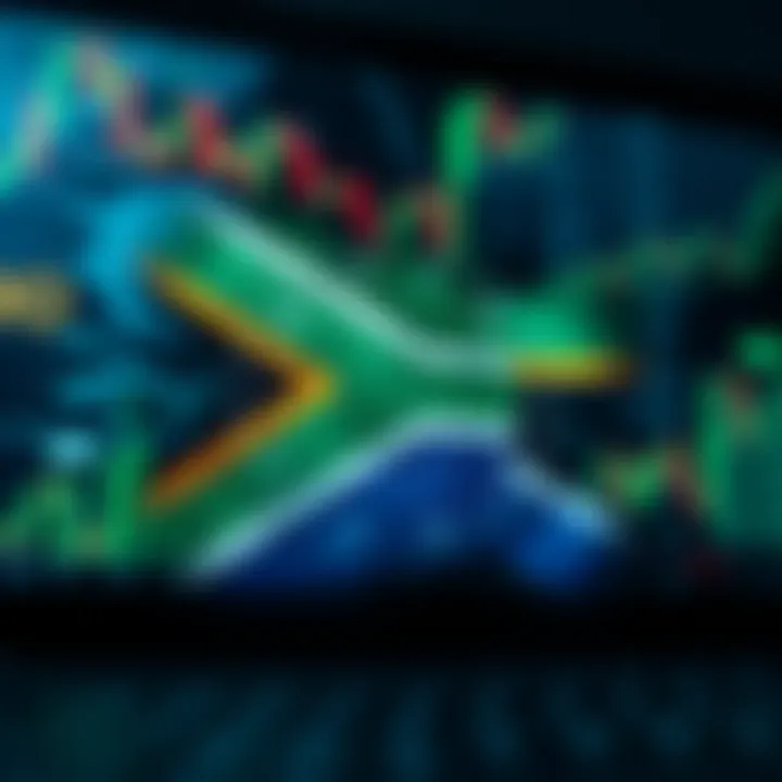 South African flag overlaying abstract cryptocurrency and stock market graphics
