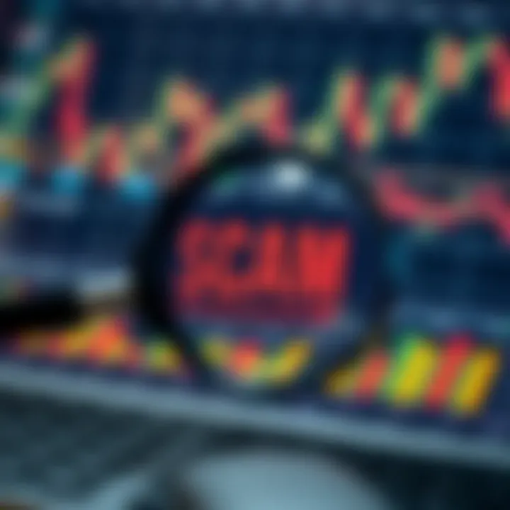 Identifying Potential Scams in Forex Trading Illustration of a magnifying glass examining forex trading charts for scam detection