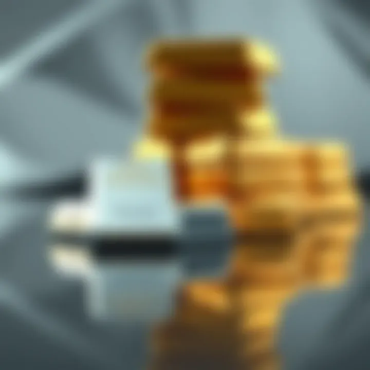 Close-up of gold and silver bars stacked on reflective surface symbolizing precious metals value