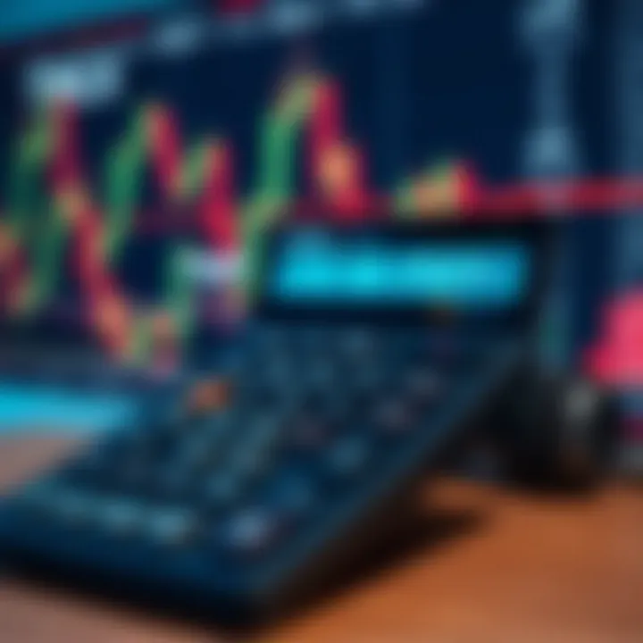 Indices Lot Size Calculator Displaying Key Trading Metrics Calculator displaying index trading metrics with financial charts in the background