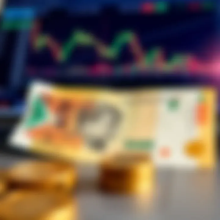 Representation of South African Rand currency notes and coins arranged with a digital trading platform on a laptop screen