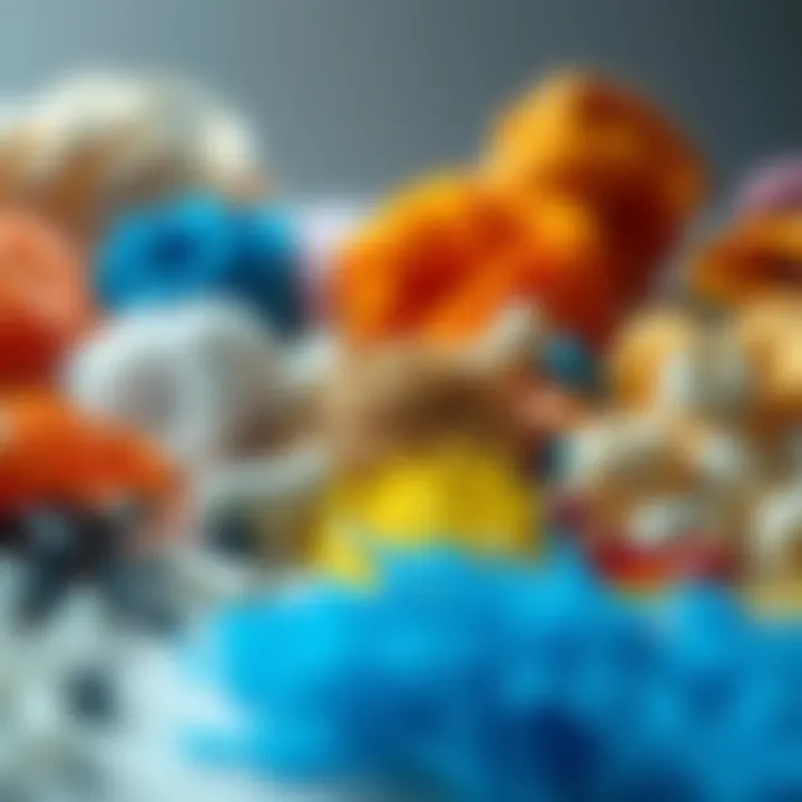 Variety of synthetic materials including fibers, plastics, and resins displayed on a surface