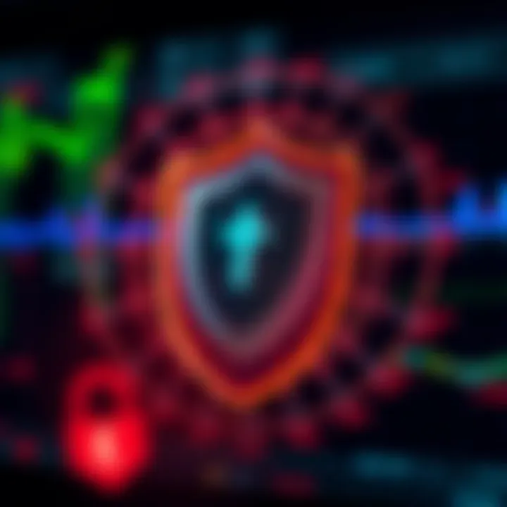 Illustration of secure trading environment with shield and currency symbols