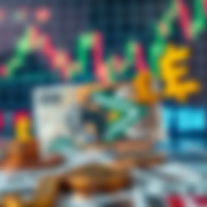 Abstract representation of currency exchange with South African rand and global forex symbols against a digital market graph background