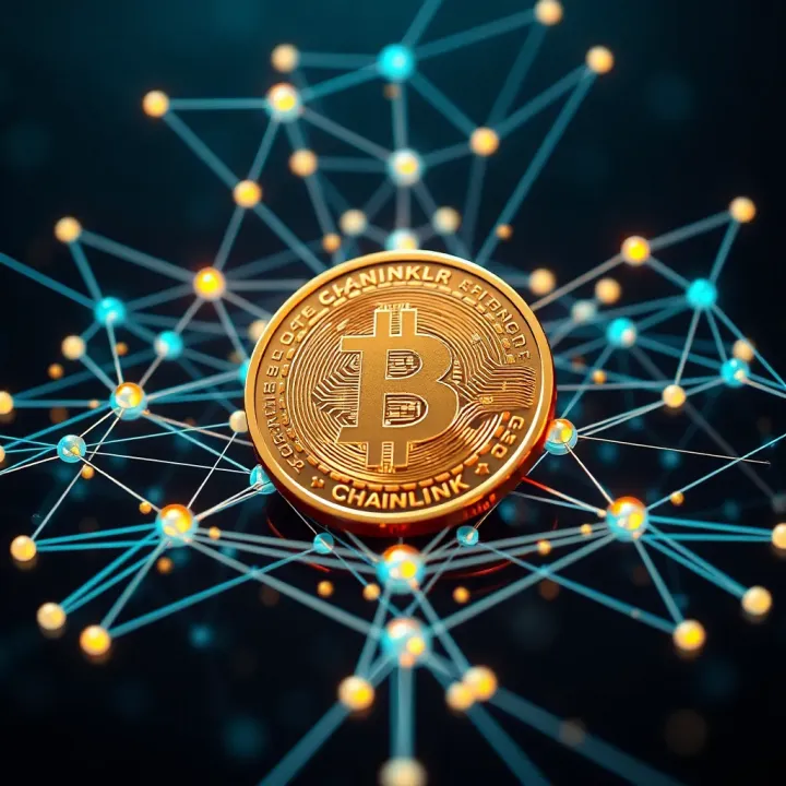 Visual representation of Chainlink token surrounded by blockchain network connections highlighting decentralized oracle system