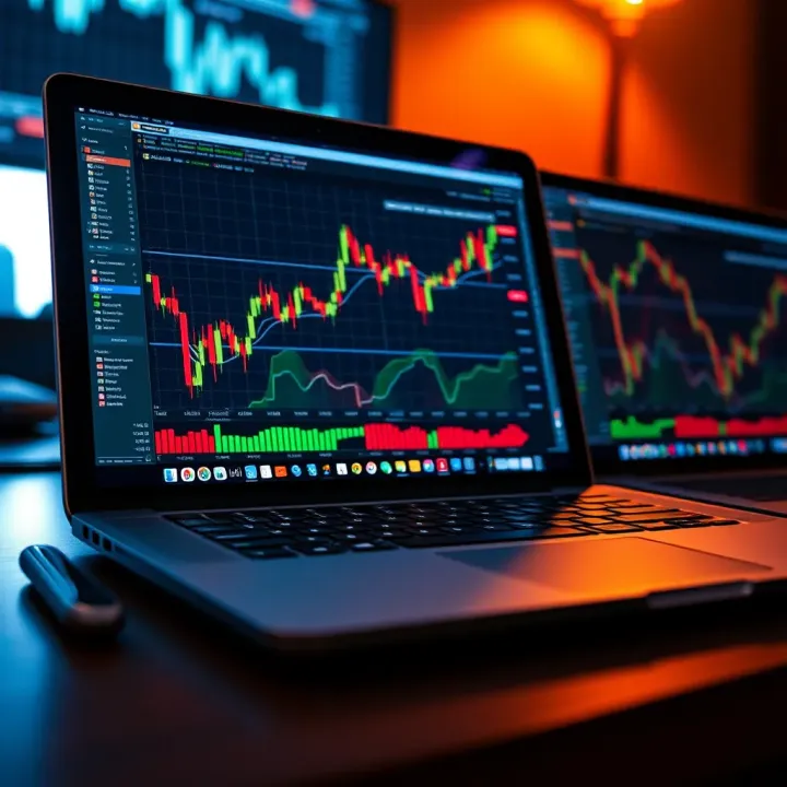 Laptop Showcasing Forex Trading Analytics and Market Trends High performance laptop displaying forex trading charts and data analytics on screen