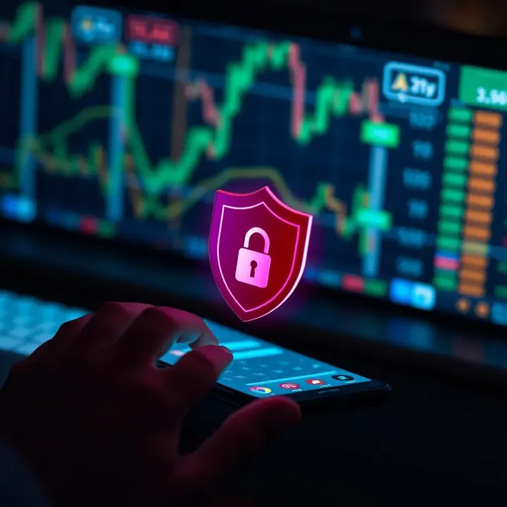 Illustration of secure mobile trading with shield icon representing data protection and privacy
