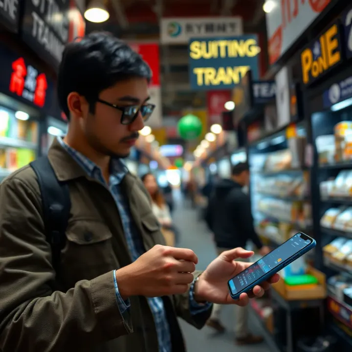 Close-up of a trader using a smartphone app to manage sales and inventory in a lively city trading environment