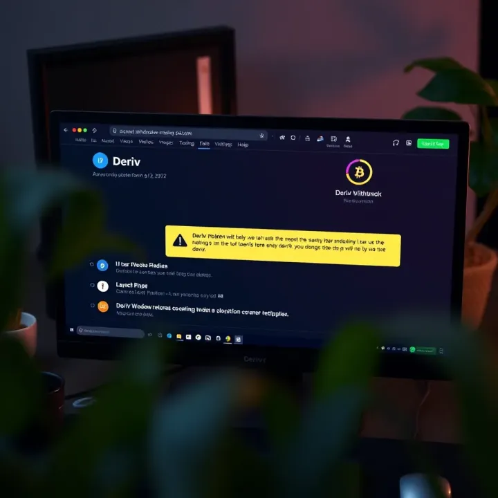 Illustration of a computer screen displaying a Deriv withdrawal interface with error notifications