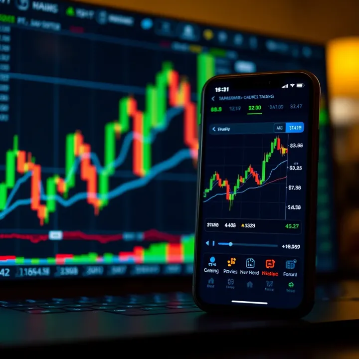 Graph showing financial data and smartphone screen with trading app interface