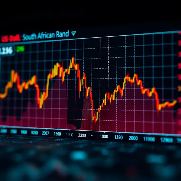 Graph showing fluctuations in the US dollar to South African rand exchange rate over time with economic indicators highlighted