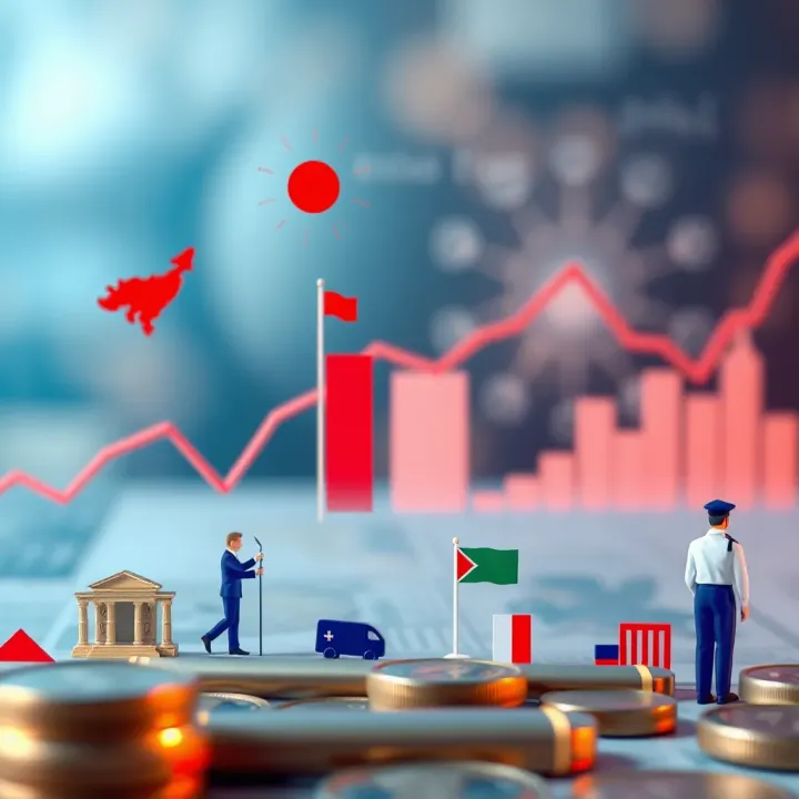 Illustration of economic and political factors influencing currency exchange with icons representing markets, government, and global trade