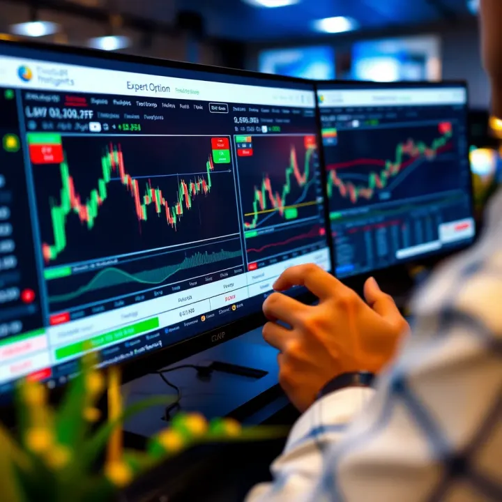 User navigating Expert Option trading platform interface displaying various trading charts and options