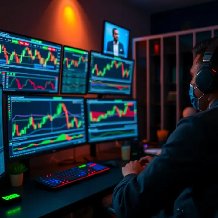 Desk setup with multiple monitors displaying forex charts and trading strategies