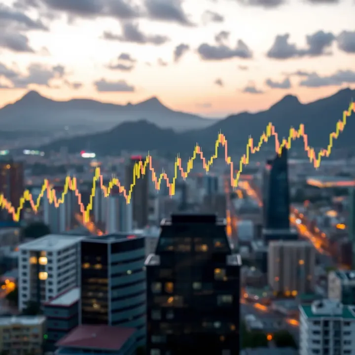 South African business district skyline with dynamic stock chart overlay showing economic uncertainty