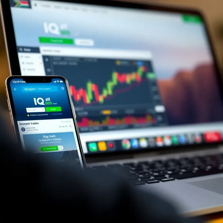 Smartphone and laptop displaying IQ Option application for trading in South Africa