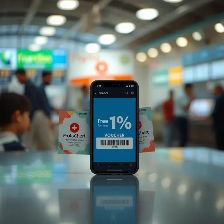 Illustration showing a promotional voucher with a discount symbol and a smartphone displaying a voucher code