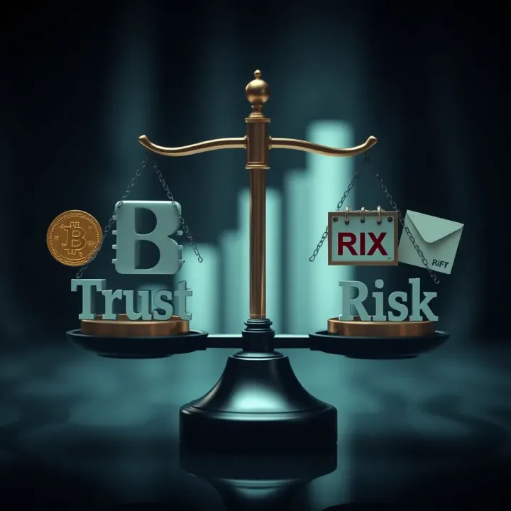 Graphic showing a balanced scale with trust and risk elements symbolizing broker credibility assessment
