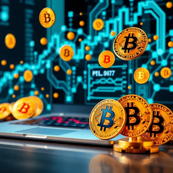 Digital representation of cryptocurrency symbols surrounding a laptop showcasing blockchain technology