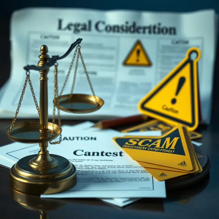 Graphic showing legal scales, documents, and caution symbols representing contest regulations and scam awareness